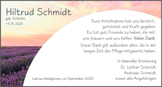 Traueranzeige von Hiltrud Schmidt von Wetzlarer Neue Zeitung