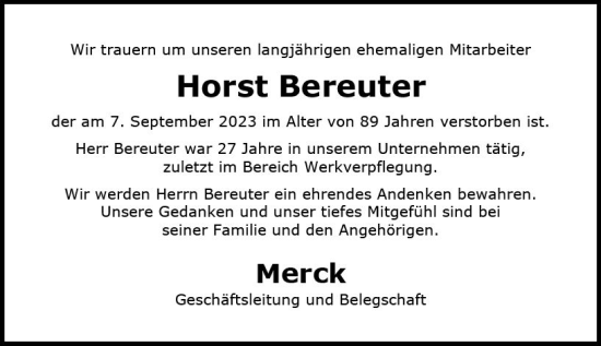 Traueranzeige von Horst Bereuter von Darmstädter Echo