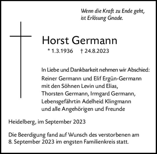 Traueranzeige von Horst Germann von Wormser Zeitung