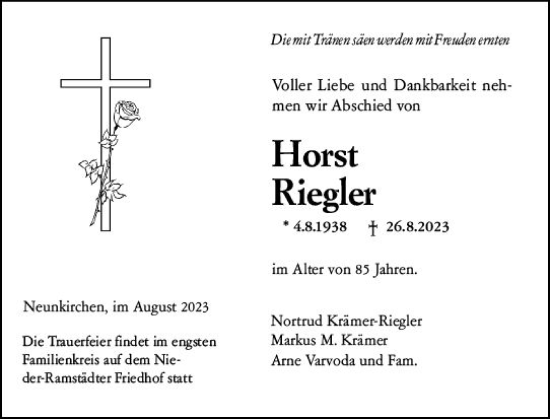 Traueranzeige von Horst Riegler von Darmstädter Echo
