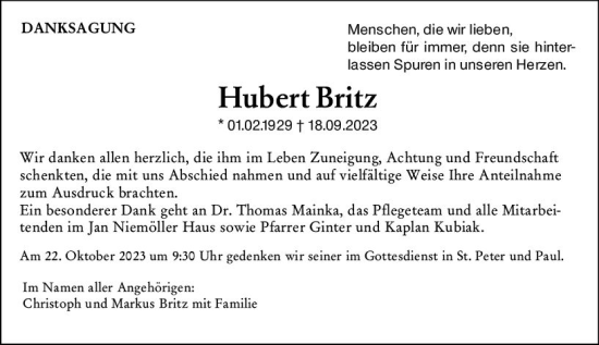 Traueranzeige von Hubert Britz von Wiesbadener Kurier