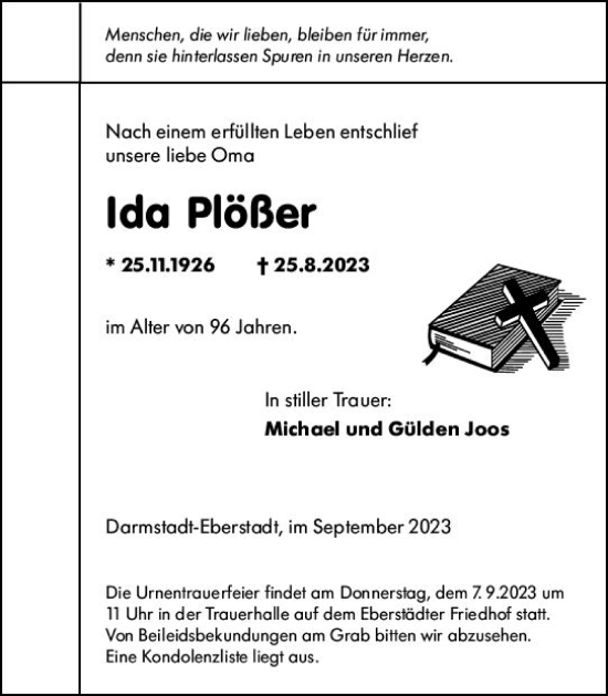 Traueranzeige von Ida Plößer von Darmstädter Echo