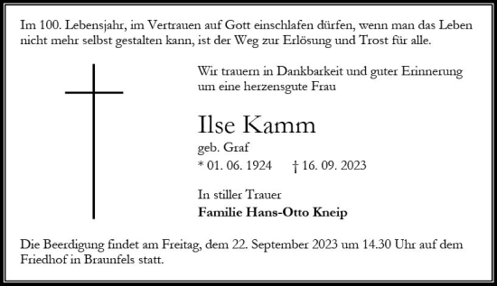 Traueranzeige von Ilse Kamm von Wetzlarer Neue Zeitung
