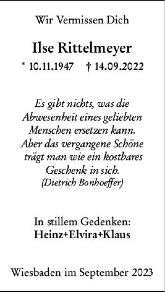 Traueranzeige von Ilse Rittelmeyer von Wiesbadener Kurier