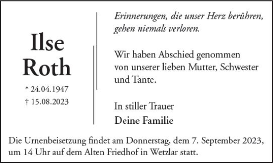Traueranzeige von Ilse Roth von Wetzlarer Neue Zeitung
