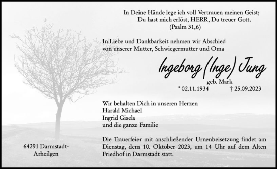 Traueranzeige von Ingeborg Jung von Darmstädter Echo