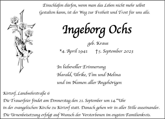 Traueranzeige von Ingeborg Ochs von VRM Trauer