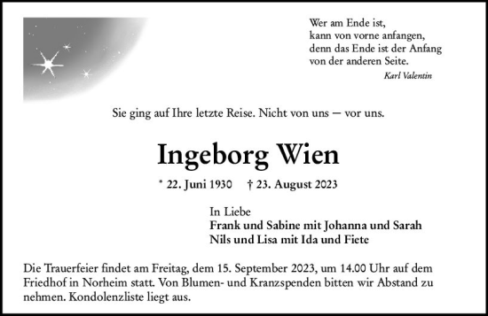 Traueranzeige von Ingeborg Wien von Allgemeine Zeitung Bad Kreuznach
