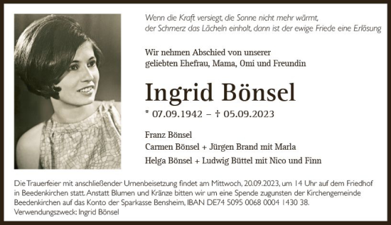 Traueranzeige von Ingrid Bönsel von Darmstädter Echo