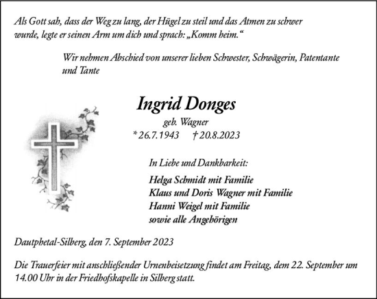 Traueranzeige von Ingrid Donges von Hinterländer Anzeiger