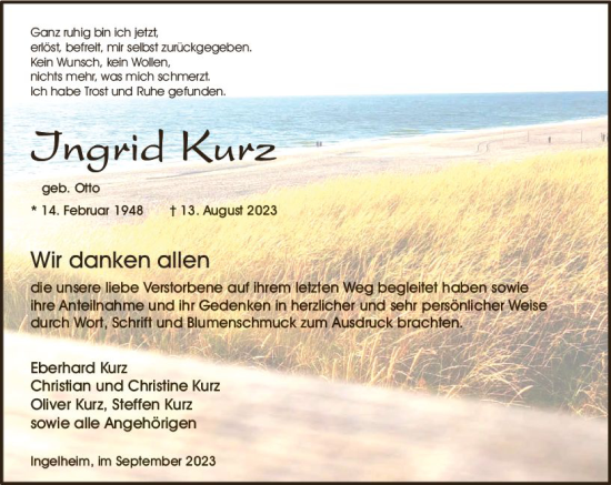 Traueranzeige von Ingrid Kurz von Allgemeine Zeitung Bingen/Ingelheim