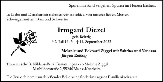 Traueranzeige von Irmgard Diezel von Allgemeine Zeitung Mainz