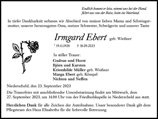 Traueranzeige von Irmgard Ebert von Dill Block
