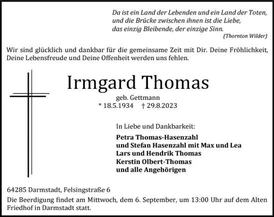 Traueranzeige von Irmgard Thomas von Darmstädter Echo