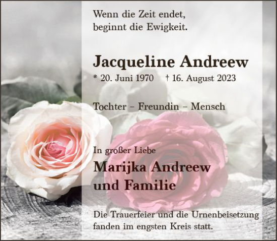 Traueranzeige von Jacqueline Andreew von Wiesbadener Kurier