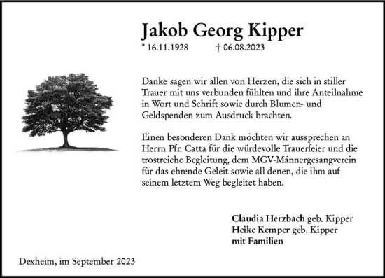 Traueranzeige von Jakob Georg Kipper von Allgemeine Zeitung Mainz