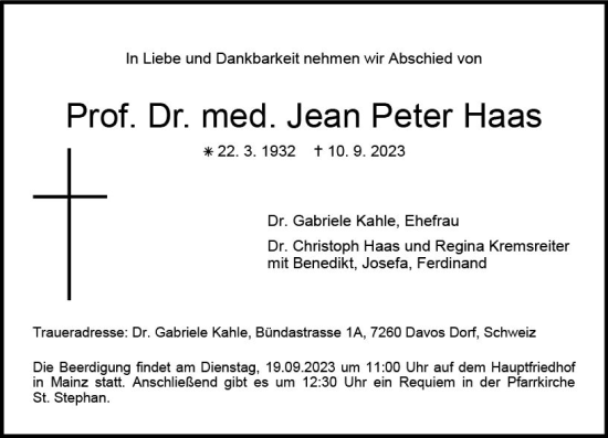 Traueranzeige von Jean Peter Haas von Allgemeine Zeitung Mainz