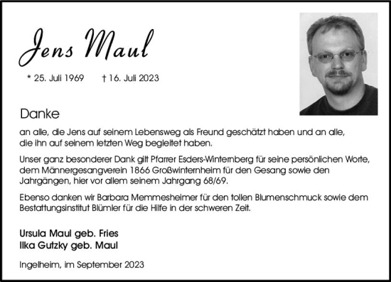 Traueranzeige von Jens Maul von Allgemeine Zeitung Bingen/Ingelheim
