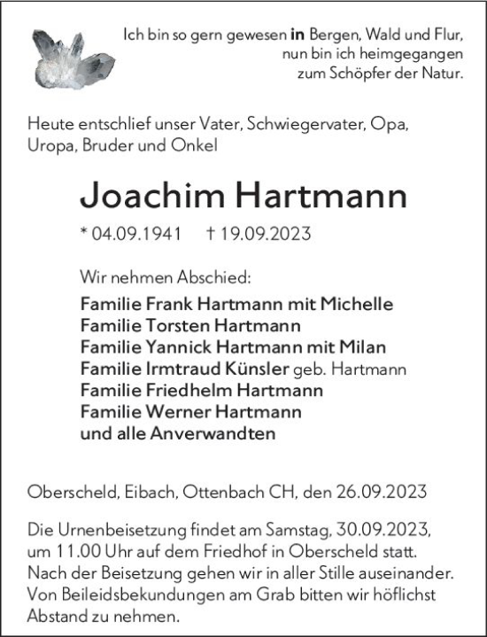 Traueranzeige von Joachim Hartmann von Dill Block