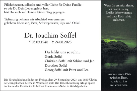 Traueranzeige von Joachim Soffel von Wormser Zeitung
