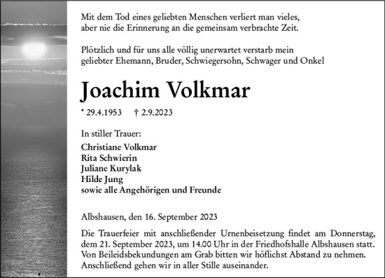 Traueranzeige von Joachim Volkmar von Wetzlarer Neue Zeitung