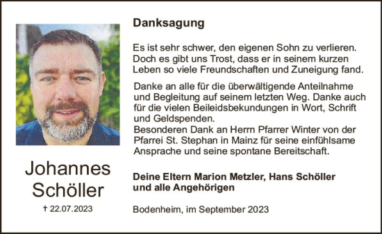 Traueranzeige von Johannes Schöller von Allgemeine Zeitung Mainz