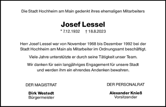 Traueranzeige von Josef Lessel von Hochheimer Zeitung