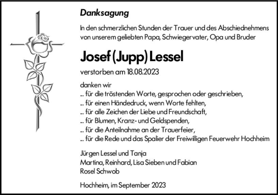 Traueranzeige von Josef Lessel von Hochheimer Zeitung