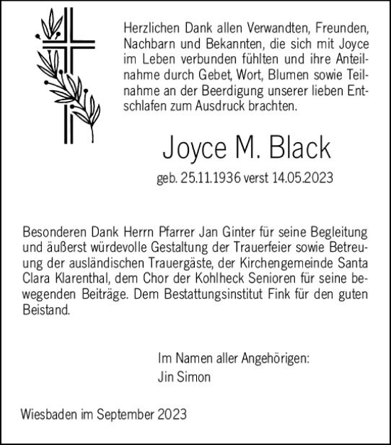 Traueranzeige von Joyce Black von Wiesbadener Kurier