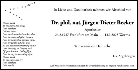 Traueranzeige von Jürgen-Dieter Becker von Wormser Zeitung