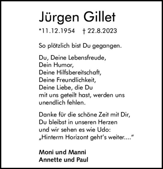 Traueranzeige von Jürgen Gillet von Allgemeine Zeitung Mainz