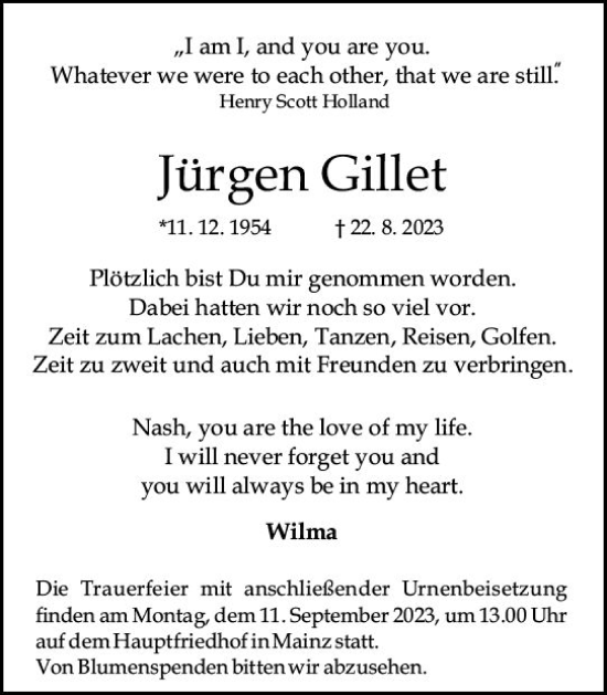 Traueranzeige von Jürgen Gillet von Allgemeine Zeitung Mainz