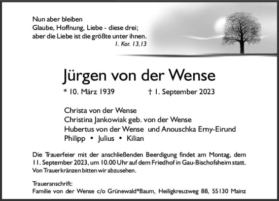 Traueranzeige von Jürgen von der Wense von Allgemeine Zeitung Mainz
