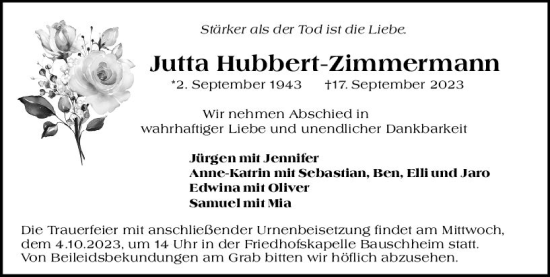 Traueranzeige von Jutta Hubbert-Zimmermann von Rüsselsheimer Echo