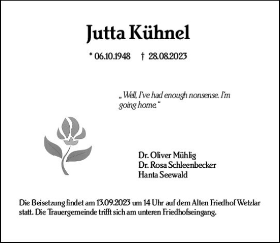 Traueranzeige von Jutta Kühnel von Wetzlarer Neue Zeitung