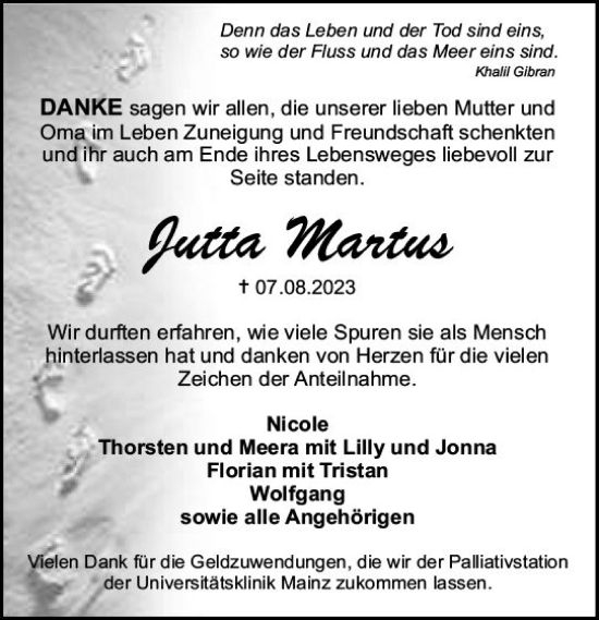 Traueranzeige von Jutta Martus von Allgemeine Zeitung Mainz