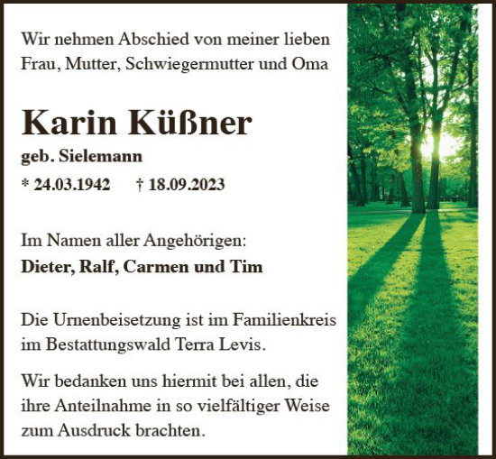 Traueranzeige von Karin Küßner von Rheingau Kurier
