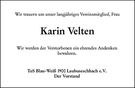 Traueranzeige von Karin Velten von Weilburger Tageblatt