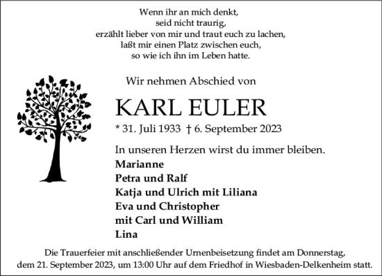 Traueranzeige von Karl Euler von Wiesbadener Kurier