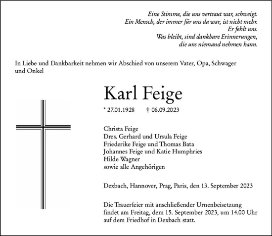 Traueranzeige von Karl Feige von Hinterländer Anzeiger