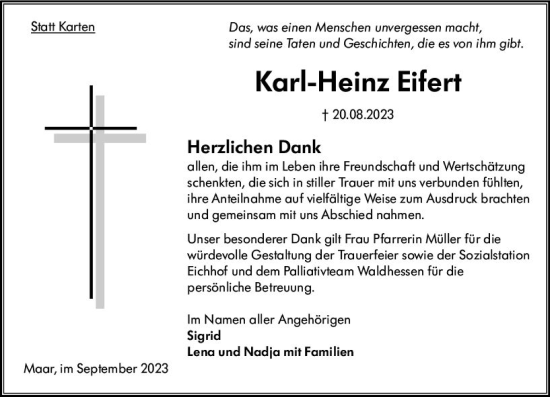 Traueranzeige von Karl-Heinz Eifert von Oberhessen Kurier