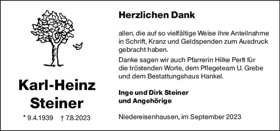 Traueranzeige von Karl-Heinz Steiner von Hinterländer Anzeiger