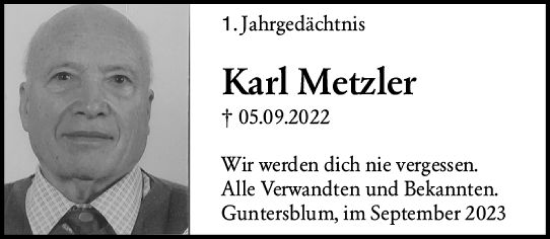 Traueranzeige von Karl Metzler von Allgemeine Zeitung Mainz