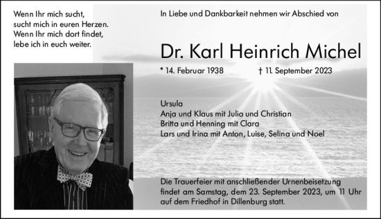 Traueranzeige von Karl Heinrich Michel von Dill Block
