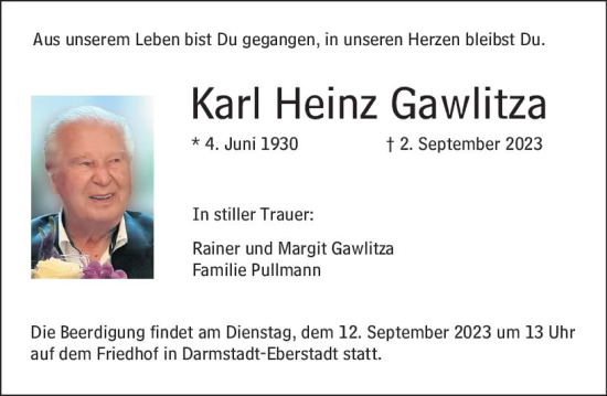 Traueranzeige von Karl Heinz Gawlitza von Darmstädter Echo