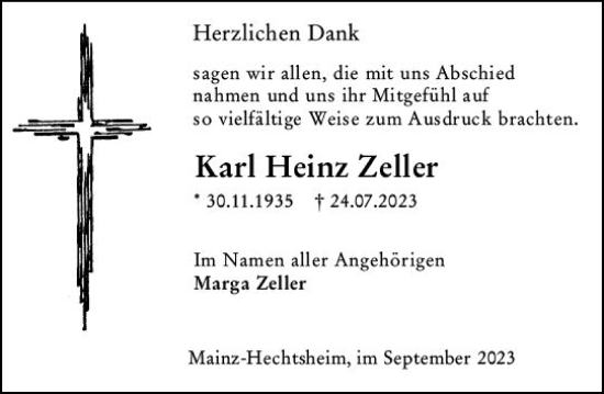 Traueranzeige von Karl Heinz Zeller von Allgemeine Zeitung Mainz