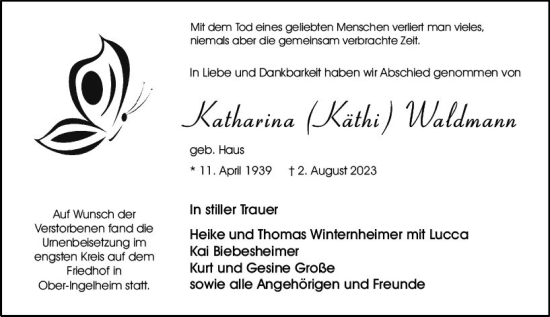 Traueranzeige von Katharina Waldmann von Allgemeine Zeitung Bingen/Ingelheim