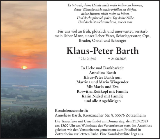 Traueranzeige von Klaus-Peter Barth von Allgemeine Zeitung Bingen/Ingelheim