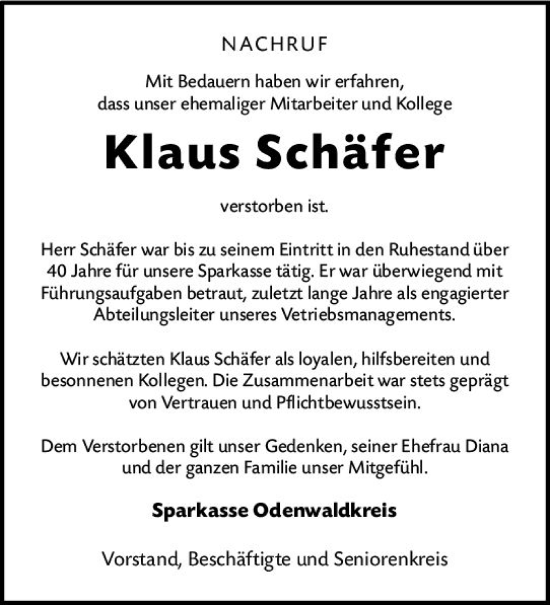 Traueranzeige von Klaus Schäfer von Odenwälder Echo