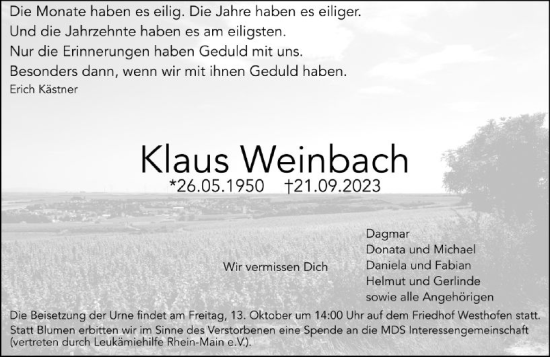 Traueranzeige von Klaus Weinbach von Wormser Zeitung